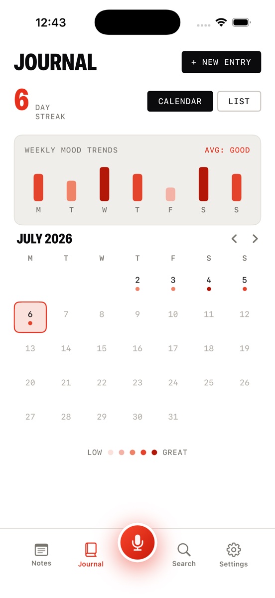 Voice journal in Jot AI with mood calendar, weekly mood trends and a 6-day streak