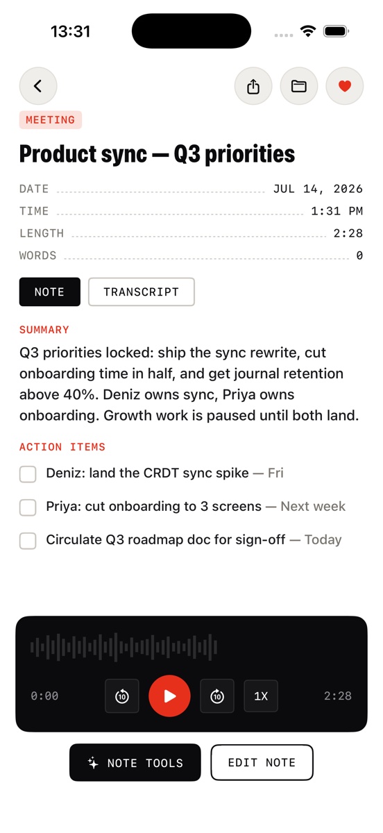 Jot AI note detail with Note and Transcript toggle and built-in audio player