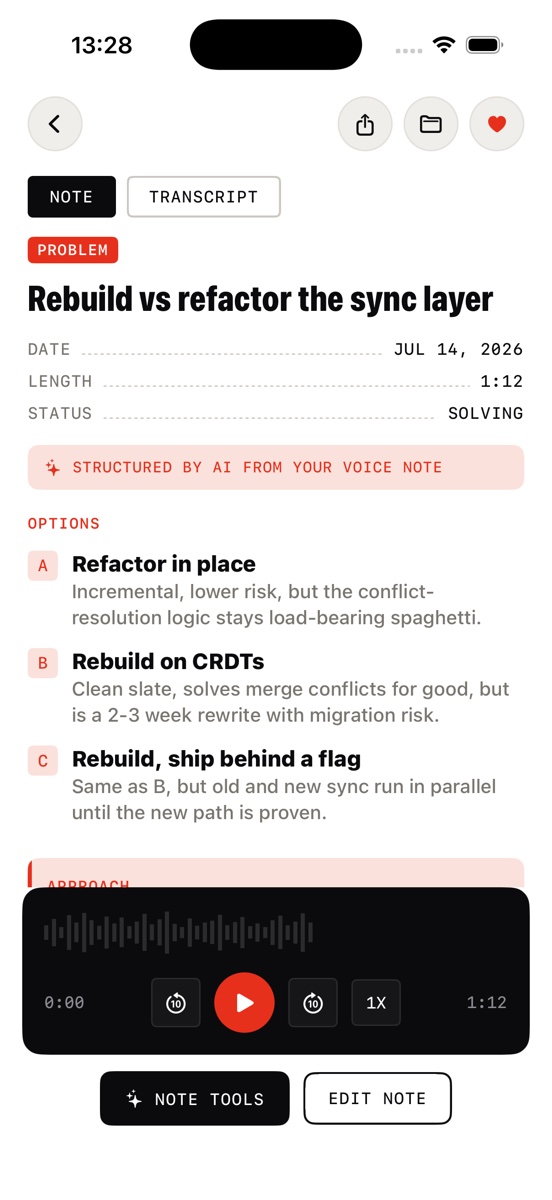 Jot AI problem doc structured by AI from a voice note — status, options, approach and next steps