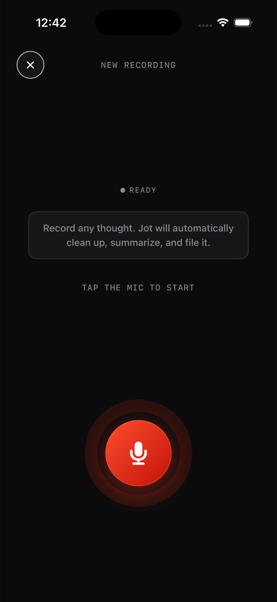 Jot AI recording screen — tap the red mic and record any thought for AI transcription