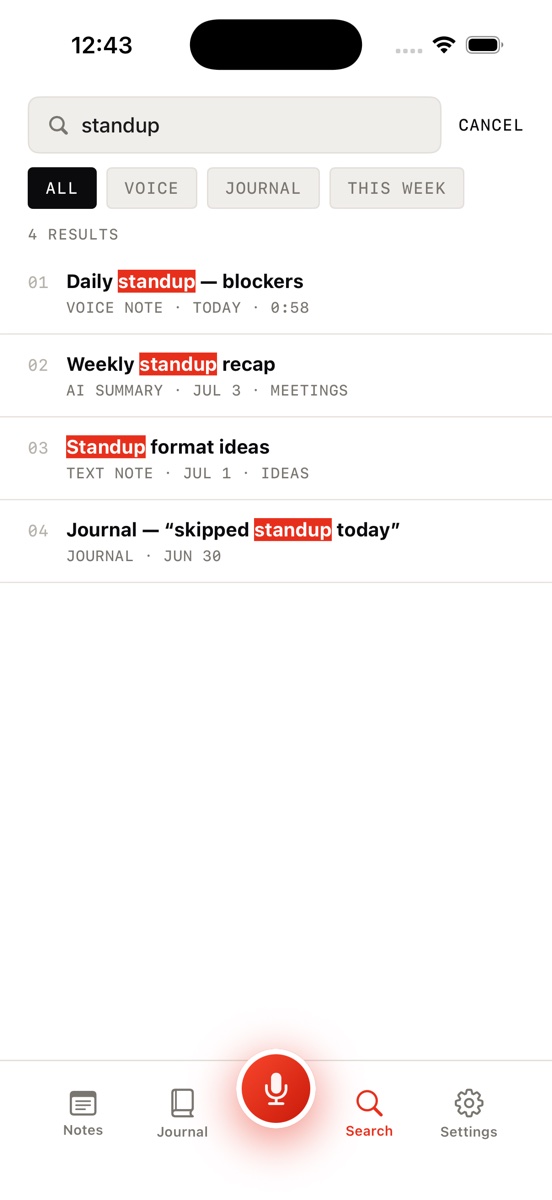 Global search in Jot AI across voice notes, transcripts and journal entries